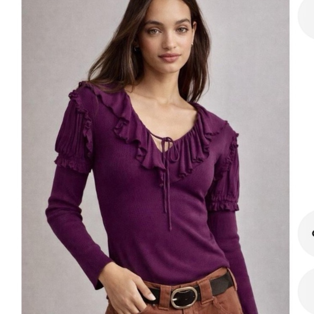 Anthropologie plum purple size S ruffle ribbed knit long sleeve blouse EUC